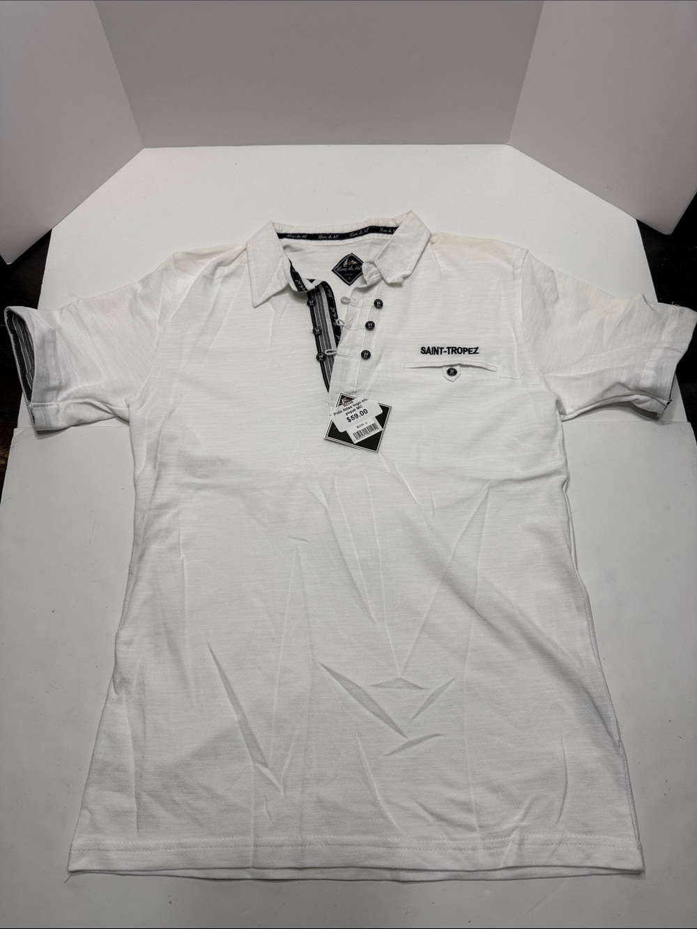 Saint-Tropez Men's White Short-Sleeve Polo with Contrast Placket